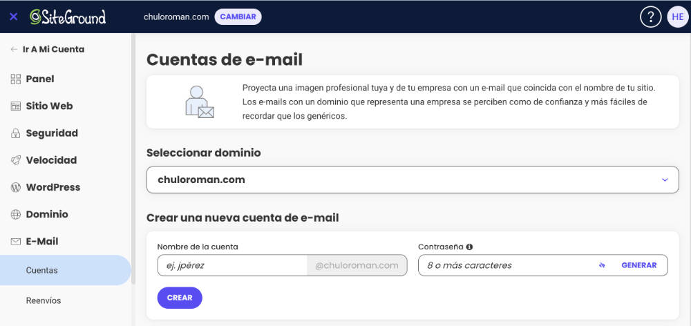 crear cuenta de correo en SiteGround